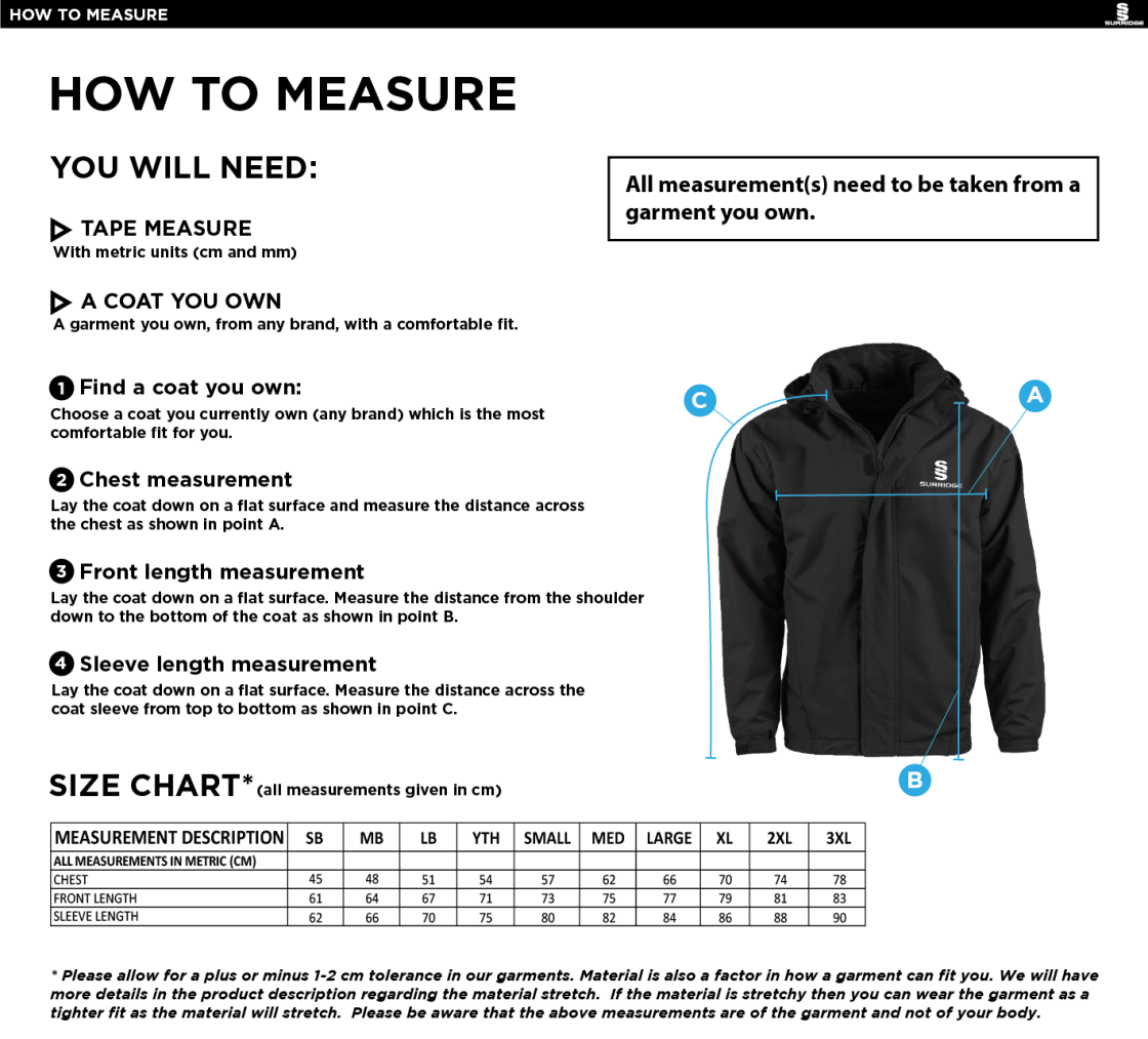 RETFORD UNITED FC FLEECED LINE JACKET - Size Guide