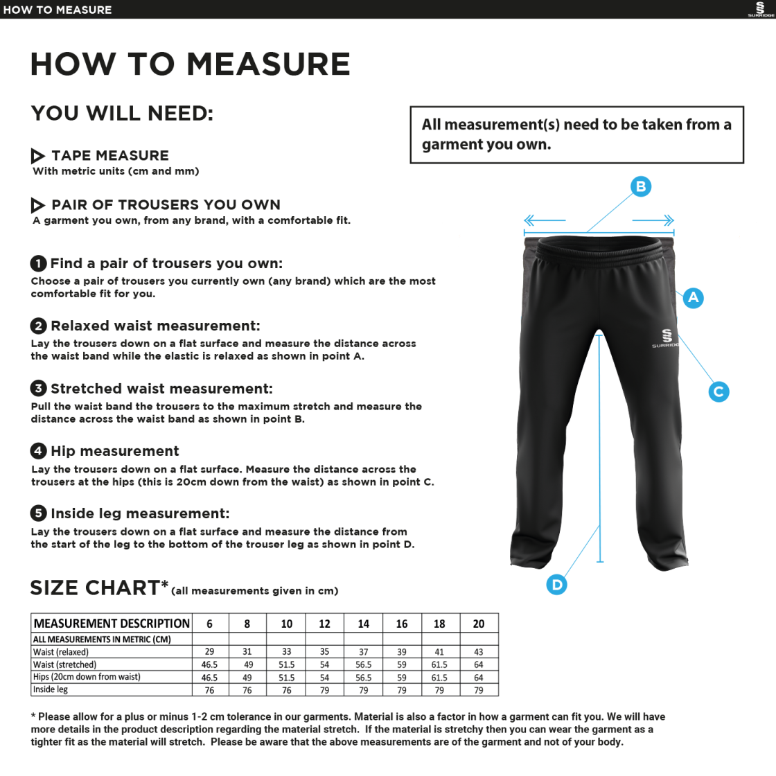 RETFORD UNITED FC POPLIN TRACK PANT BLACK - Women's - Size Guide