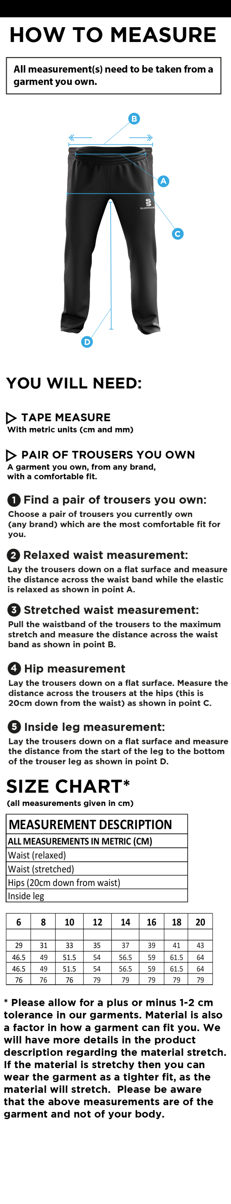 RETFORD UNITED FC POPLIN TRACK PANT BLACK - Women's - Size Guide