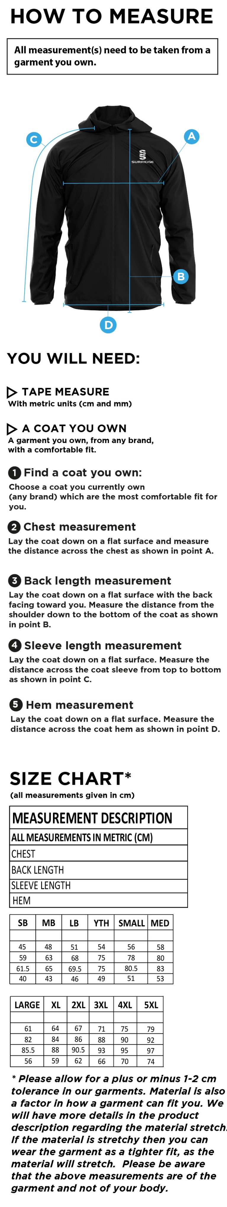 RETFORD UNITED FC TRAINING JACKET BLACK - Size Guide